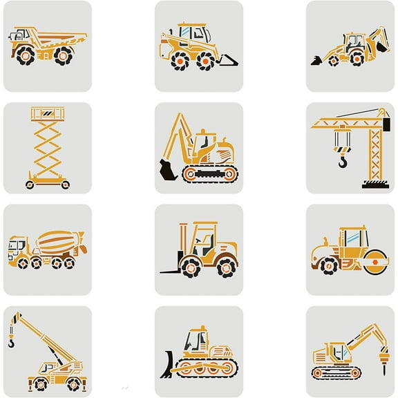 12 Pcs Construction Vehicle Stencils 7.9x7.9 inch Reusable Truck Stencils Plastic Forklifts Excavators Cranes Mixers Pattern Stencil Reusable Construction Vehicle Stencil DIY