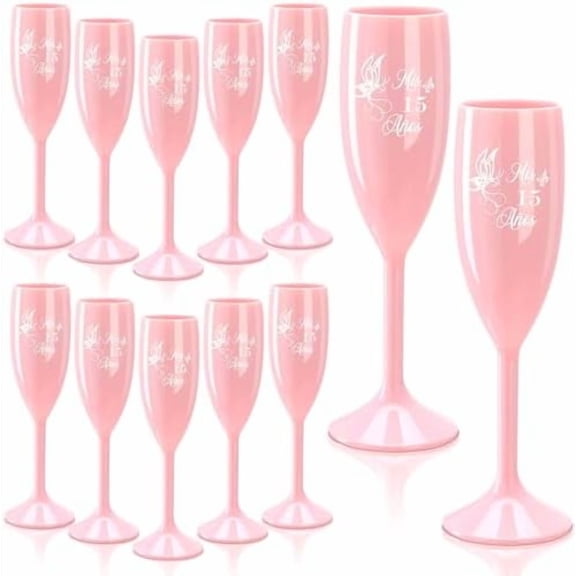 12 Pcs Copas Para Brindis De 15 Aos Pink Quinceaera Champagne Glasses 15th Birthday Gifts Set Quinceaera Toasting Flutes Pink Plastic Wine Glasses 15 Birthday Party Favors for Guests