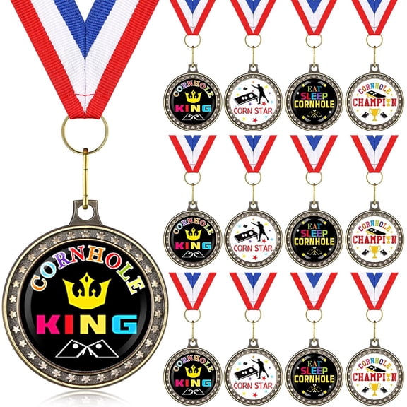 12 Pcs Cornhole Medals Set Cornhole Trophy Awards Funny with Neck Ribbons 2 Inch Black White Team Winner Medals for Tournament Prizes Field Day Games Family Reunions BBQ Tailgating, 4 Styles