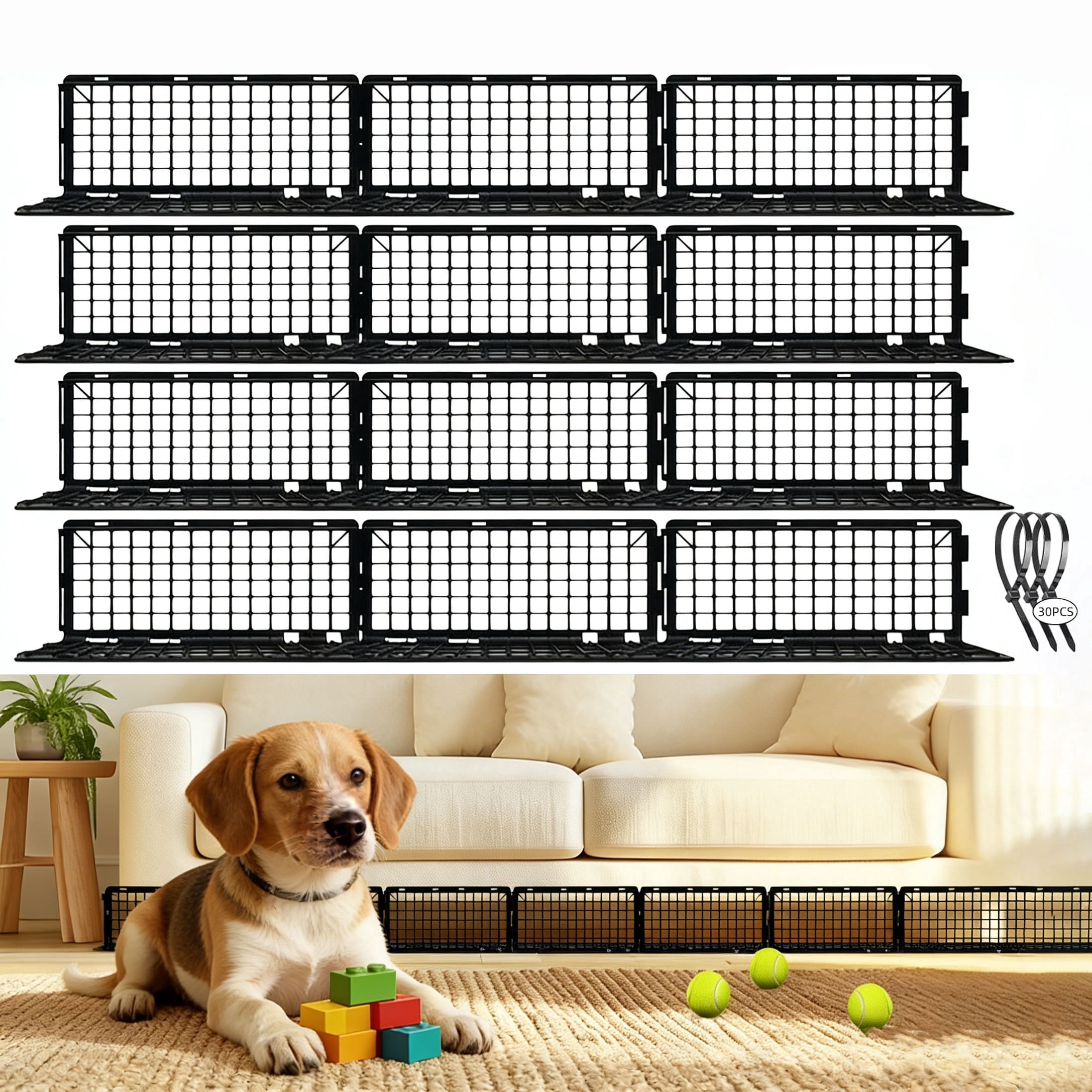 12 PCS Under Couch Blockers for Bed Couch Furniture with 30 Ties Black Couch Barriers Underneath Stop from Getting Under The Sofa
