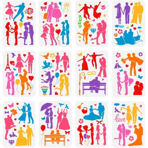 12 Pcs Couple Silhouette Painting Stencil 8.3x11.7 inch Reusable Boy Girl Drawing Template DIY Romantic Love Valentine's Day Decor Stencil for Painting on Wood Wall Fabric Furniture Colorful