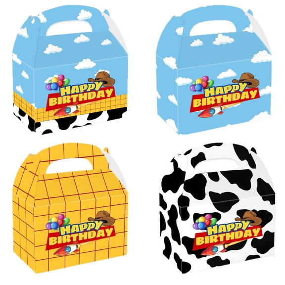 12 Pcs Cow Print Birthday Party Favor Boxes, Cow Pattern Birthday Goodie Box Party Supplies, Blue Sky White Cloud Kraft Paper Gift Boxes for Kids Decorations