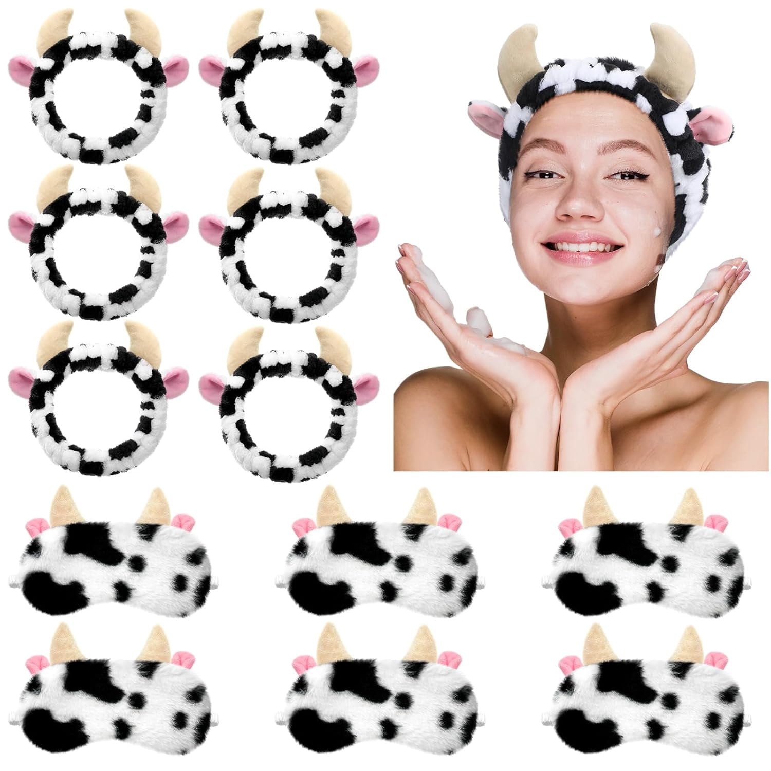 12 Pcs Cow Spa Sleepover Party Supplies for Women Soft Cow Ears Makeup Headband for Washing Face Cute Print Sleep Eye Mask for Sleepover Slumber Party Favors Gifts