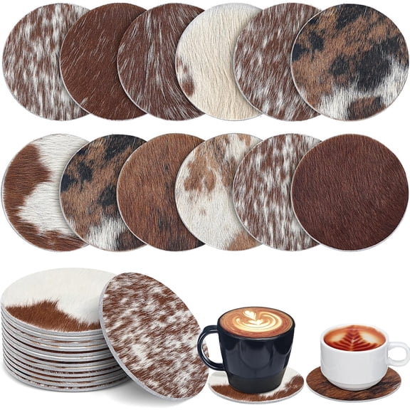 12 Pcs Cowhide Coasters Round Natural Leather Cowhide Drink Coasters for Tea Cup Living Room Office Desk Decoration