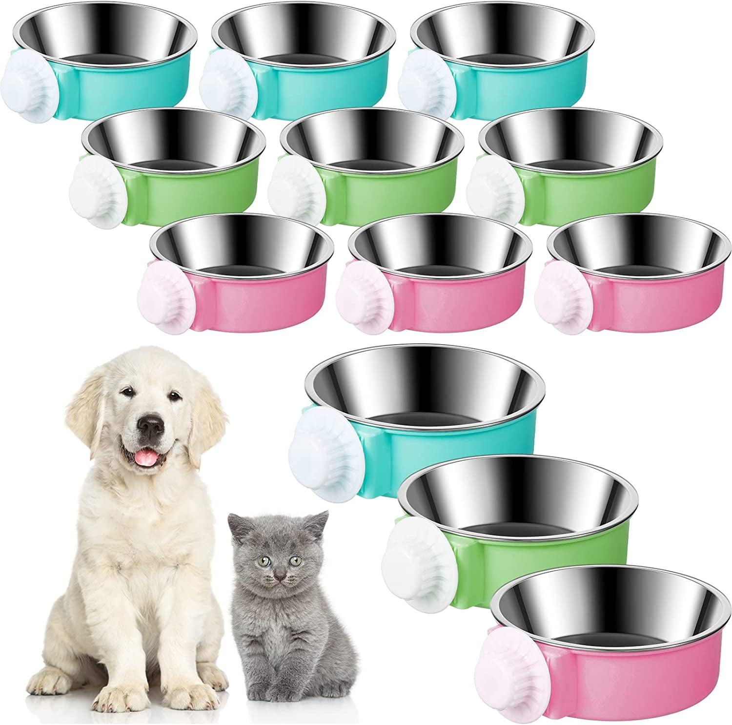 12-Pack Stainless Steel Hanging Crate Bowls - Removable Kennel Food Water Cups for Puppy Dog Cat Bird Ferret Rabbit Guinea Pig