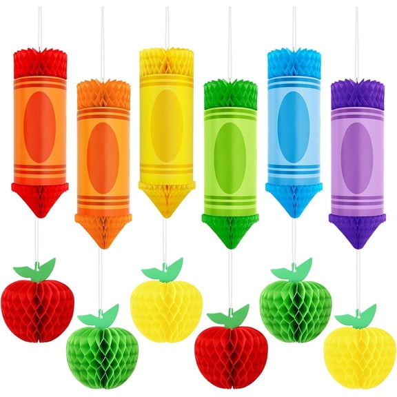 12 Pcs Crayon Hanging Honeycomb,Back to School Pencil Apples Colorful Ceiling Decorations,Paper Decor for First Day of School Party,Classroom Bulletin Board,Preschool,Office,Graduation,Birthday