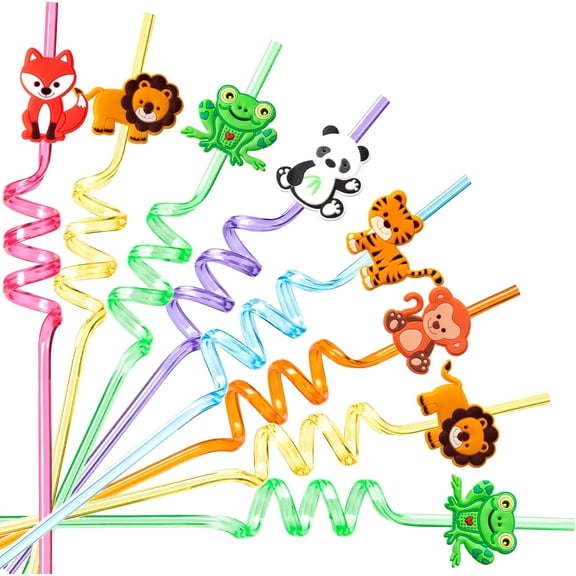 12 Pcs Crazy Animal Straws, Silly Fun Straws for Party Favors Summer Jungle Theme Decorations,Reusable Drinking Plastic Straw Gift with 2 Cleaning Brushes(Animals)