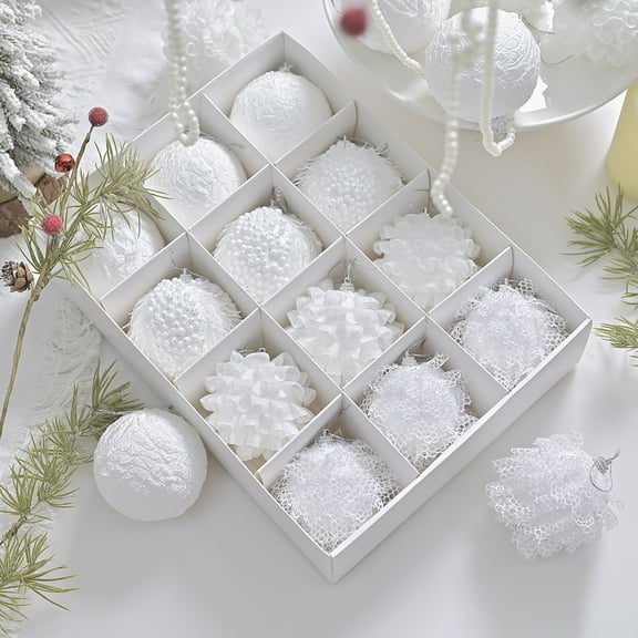 12 Pcs Crochet Christmas Balls Handmade Knitted Xmas Baubles Hanging Ornaments White Foam Christmas Balls for Xmas Tree Rustic Farmhouse Holiday Decor