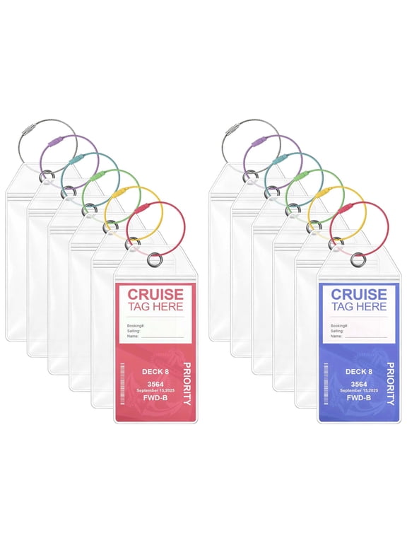 12 Pcs Cruise Luggage Tags Holders with Colored Steel Loops, Waterproof Luggage Tag Holders for Cruise Travel Accessories, 3.54" 7.48"(Cards Not Included)