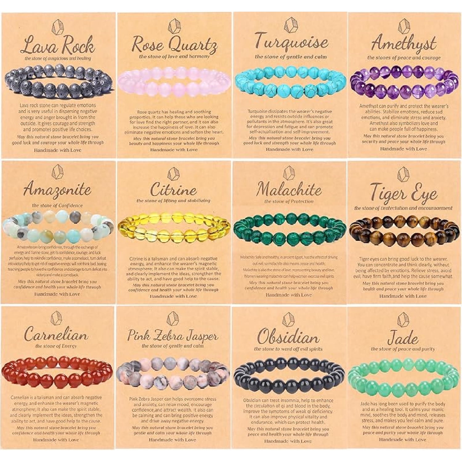 12 Pcs Crystal Stone Bracelets For Women Men Semi Precious Gemstone