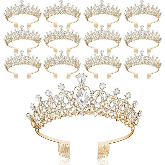 12 Pcs Crystal Tiara and Princess Crown with Comb Crown Rhinestone Women Tiara Headpiece Queen Hair Accessories for Birthday Party Wedding Prom Halloween Cosplay Costume(Gold)
