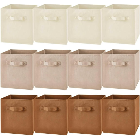 12 Pcs Cube Storage Bin 11'' Collapsible Storage Cubes for Classroom Foldable Cube Storage Organizer Bins Fabric Bins Storage Basket Fabric Cubby Boxes for Shelf(Beige, Khaki, Brown)