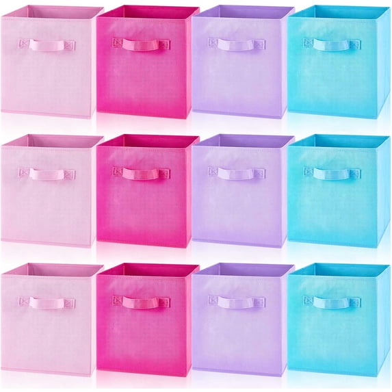12 Pcs Cube Storage Bin 11'' Fabric Storage Cubes Colorful Bins Foldable for Organizer Boxes Fabric Boxes for Shelf(Sky Blue, Purple, Pink, Rose)