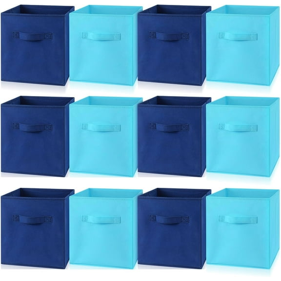 12 Pcs Cube Storage Bin 11'' Collapsible Storage Cubes for Classroom Foldable Cube Storage Organizer Bins Fabric Bins Storage Basket Fabric Cubby Boxes for Shelf(Dark Blue, Light Blue)