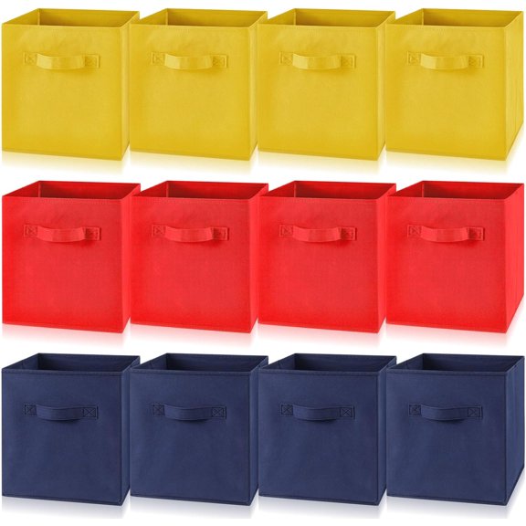 12 Pcs Cube Storage Bin 11'' Collapsible Storage Cubes for Classroom Foldable Cube Storage Organizer Bins Fabric Bins Storage Basket Fabric Cubby Boxes for Shelf(Navy Blue,Red,Yellow)