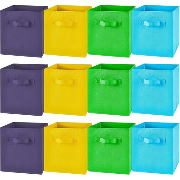 12 Pcs Cube Storage Bin 11'' Collapsible Storage Cubes Foldable Cube Storage Organizer Bins Fabric Bins Storage Basket Fabric Cubby Boxes for Shelf Closet (Sky Blue, Green, Yellow, Dark Blue)