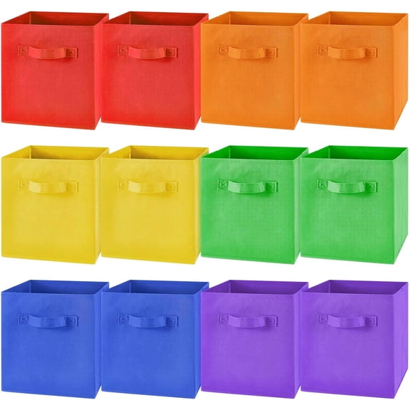 12 Pcs Cube Storage Bin 11'' Fabric Storage Cubes Colorful Bins Foldable for Organizer Boxes Fabric Boxes for Shelf(Red, Orange, Blue, Yellow, Green, Purple)