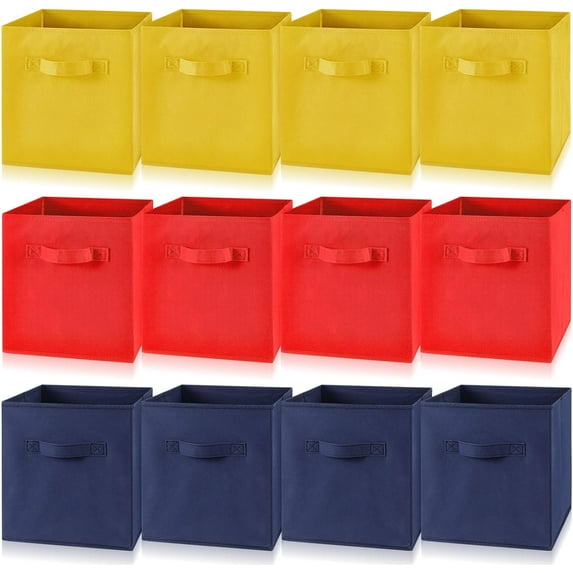 12 Pcs Cube Storage Bin 11'' Storage Bins for Room Decor Colorful Bins Foldable Baskets for Nursery Organizer Boxes Fabric Boxes (Navy Blue, Red, Yellow)