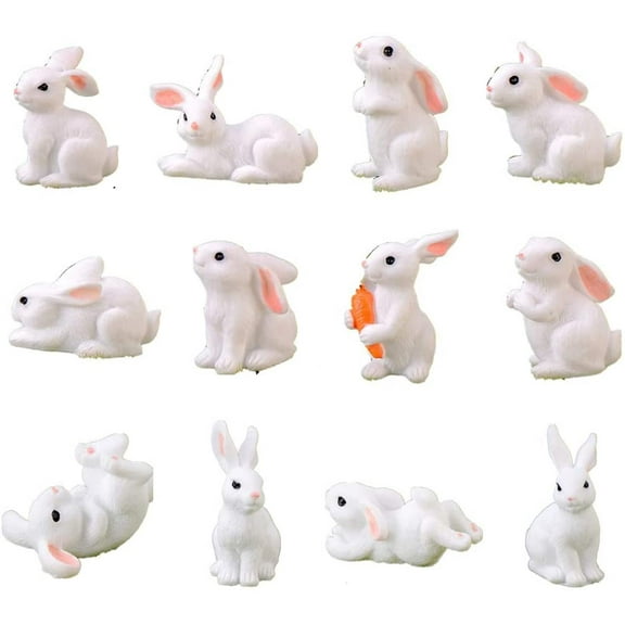 12 Pcs Cute Animal Miniature Figures - Mini Bunny Figurines, White Rabbit Cake Toppers Decorations, Fairy Garden Decoration