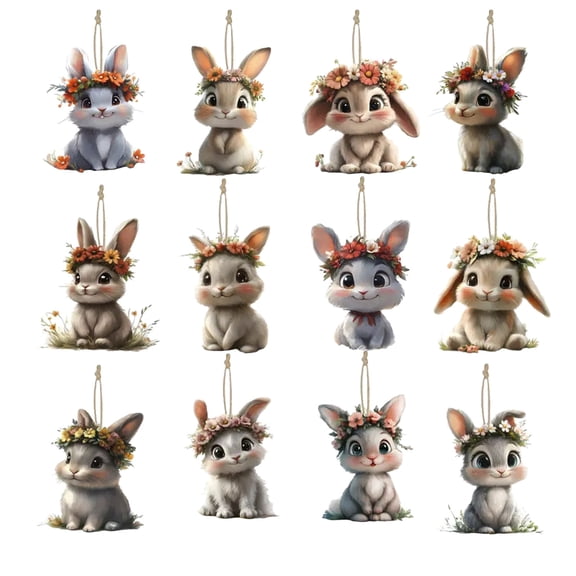 12 Pcs Cute Easter Bunny Hanging Ornaments, 3.15 Inch Cartoon Rabbit Pendants with Floral Crowns for Spring Decor Tree Decorations and Home Display, Easter Gifts