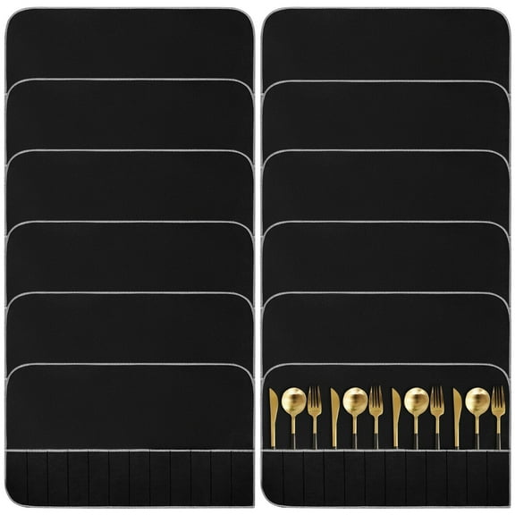 12 Pcs Cutlery Storage Bags, Anti-Tarnish Silver Bags, Black Felt Organizers for Spoons, Knives, Forks, with Slots, Quality Felt, Dust and Oil Resistant, Portable and Compact