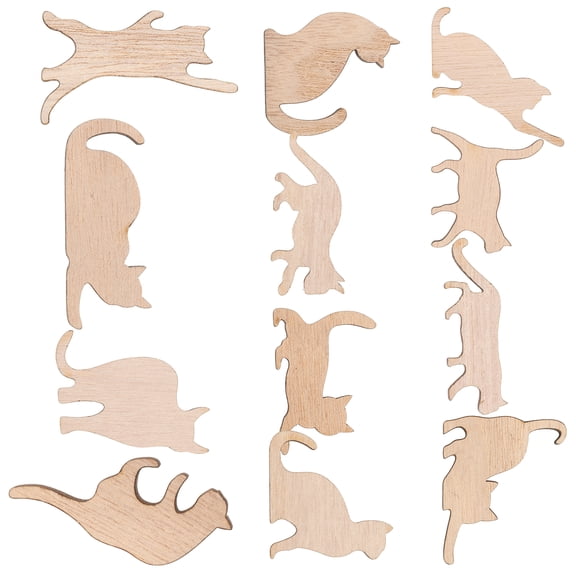 HEMOTON 12Pcs Unfinished Wooden Cat Cutouts for DIY Decoration