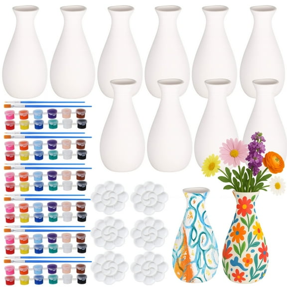 12 Pcs DIY Ceramic Vases Set, Paint Your Own Vases Kit, White Porcelain Flower Pots with 6 Sets of Paints & Palettes, Ready-to-Paint Porcelain Vases for Art Projects and Family Activities