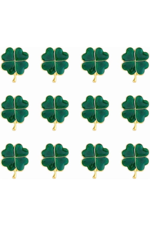 12 Pcs Dark Green Four Leaves Clover Pins St. Patrick's Day Clover Studded Brooch Metal Enamel Luck of The Irish Shamrock Label Brooch Dress Decoration for DIY Women