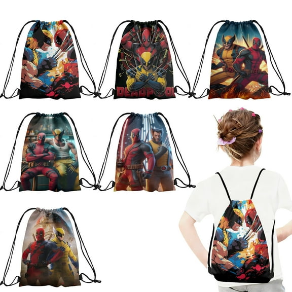 12 Pcs Deadool and Wolvr-ine Candy Drawstring Bag Drawstring Goodie Favor Bags for Boys and Girls Cartoon Birthday Party Decorations 27x34cm