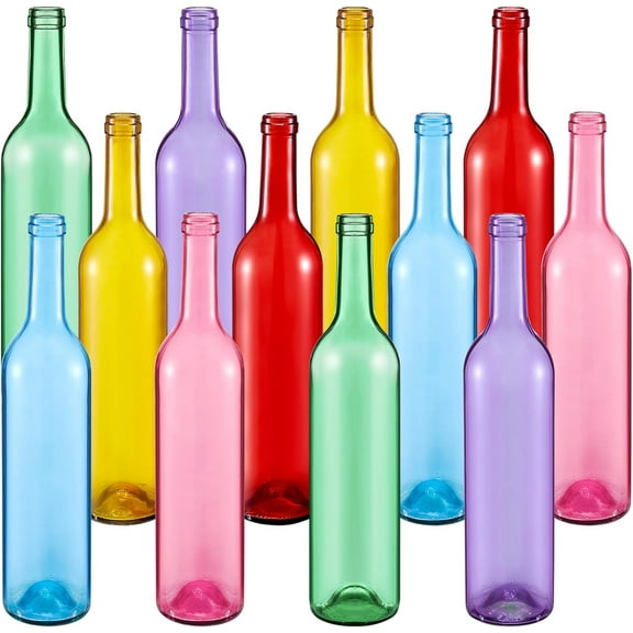 12 Pcs Decorative 750ml Empty Wine Bottles Summer Colored Glass Bottles for Bottle Tree for Garden Outside Home Room Spring Summer Party Outdoor Indoor Decor (Cute Color)