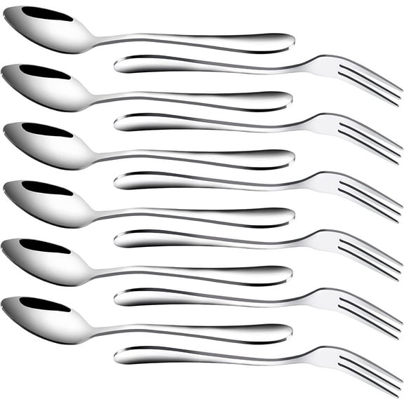 12 Pcs Dessert Forks and Spoons Silverware Set, Stainless Steel Mini Forks and Spoons, Small Appetizer Cocktail Fruit Forks, Mini Coffee Spoons Teaspoon for Kitchen Party (6 Forks+6 Spoons)