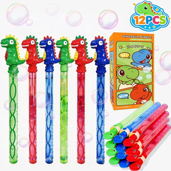 12 Pcs Dinosaur Bubble Wands with Solution, 3 Colors - Kids Birthday Party Favors, Outdoor Toys, Classroom Treats, Bubble Blowers, Goodie Bag Stuffers