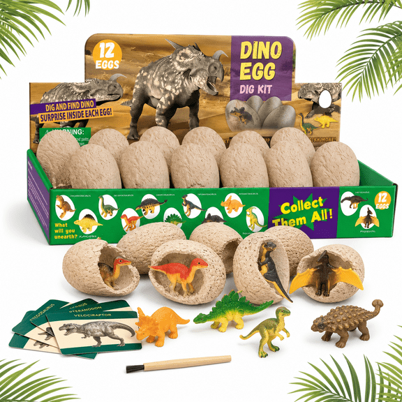 12 Pcs Dinosaur Egg Excavation Kit, Dig Up 12 Unique Dino Figures with Learning Cards, STEM Science Gift for Dinosaur Lovers