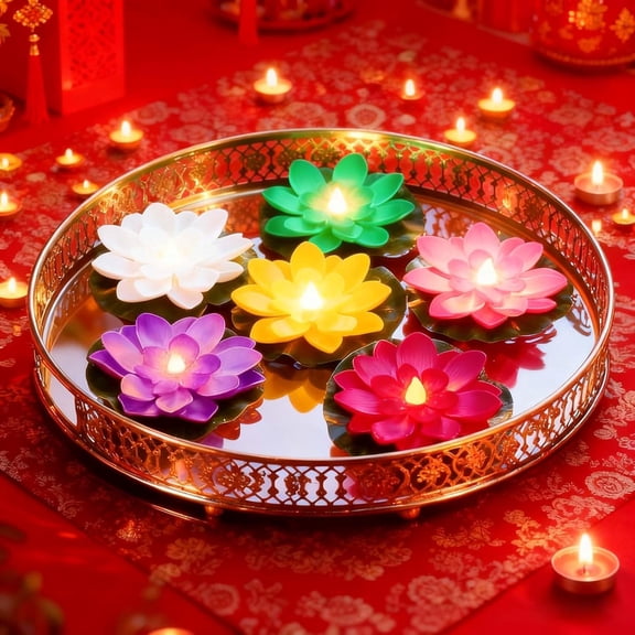 12 Pcs Diwali Lotus Decoration Floating Lotus Lights Pool Flowers Floating Candles Decor for Pool Diwali Flower Lights Traditional Indian Decor for Indian Puja Home Outdoor Party Decoration(5 Inch)