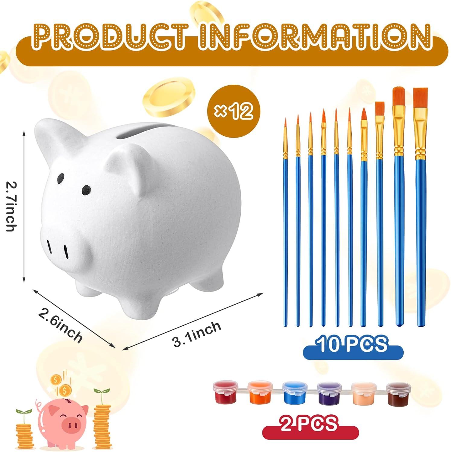 12 Pcs Diy Ceramic Piggy Banks Pig Piggy Banks Coin Bank Unglazed White Pig
