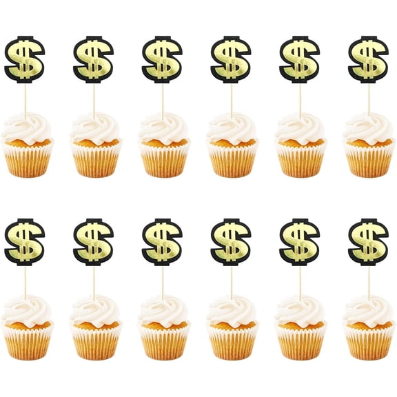 12 Pcs Dollar Sign Cupcake Toppers, Money Theme Birthday Party Decorations, Anniversary Wedding Casino Party Supplies