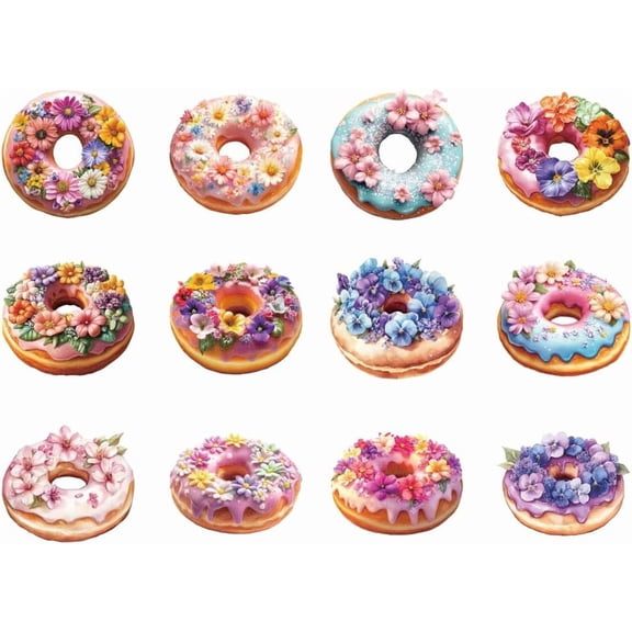 12 Pcs Donut Theme Heat Transfer Film Logo Stickers Set 12 Styles Floral Doughnut Heat Transfer Stickers Iron on Decals for T-Shirts Patches Bags Hats DIY Crafts for DIY