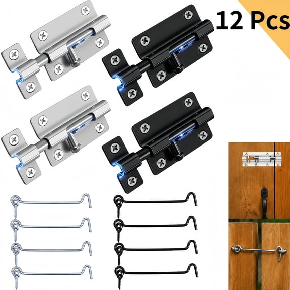 12 Pcs Door Latch Set, Stainless Steel Latch Lock with 24 Screws, 2.48" Hook and Eye Latch, Gate Latch for Wooden Fence & Screen Door
