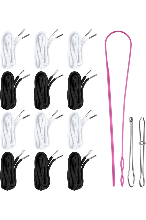 12 Pcs Drawstring Cord, 60 Inch Hoodie String Replacement, Draw String with Threader Tool for Sweatpants Pants (Black/White)