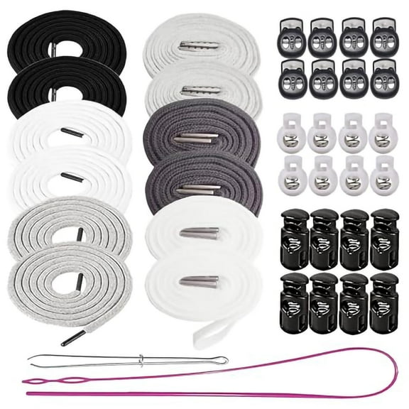 12 Pcs Drawstring Cord Replacement Hoodie String Cording Flat with Metal Tip 24Pcs Cord Locks Stopper Toggle with 2Pcs Threader Tool for Sweatpants Clothings Pants Jackets Coats Clothing