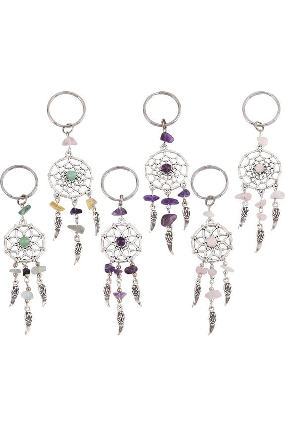12 Pcs Dream Catcher Keychain Natural Gemstone Embellished Alloy Dream Catcher Pendants with Stainless Steel Key Rings for DIY Jewelry Crafts Key Chain Making Hanging Decorations Silver & Platinum