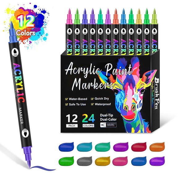 12 Pcs Dual Tip Acrylic Paint Marker Pens Back to School Kit, Smooth Ink Flow Quick Drying, Fade Resistant Art Pens School Supplies for Students Drawing on Canvas Paper Wood , 2 ml, 24 Colors