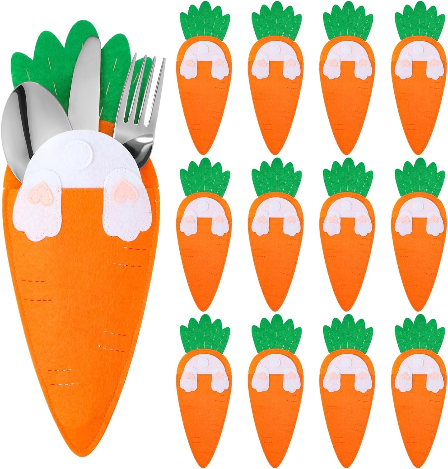 12 Pcs Easter Carrot Utensil Cutlery Holders Bag Felt Bunny Fork Cutter Pouches Silverware Pocket Bag for Easter Home Spring Party Table Decoration Knife Forks Organizer