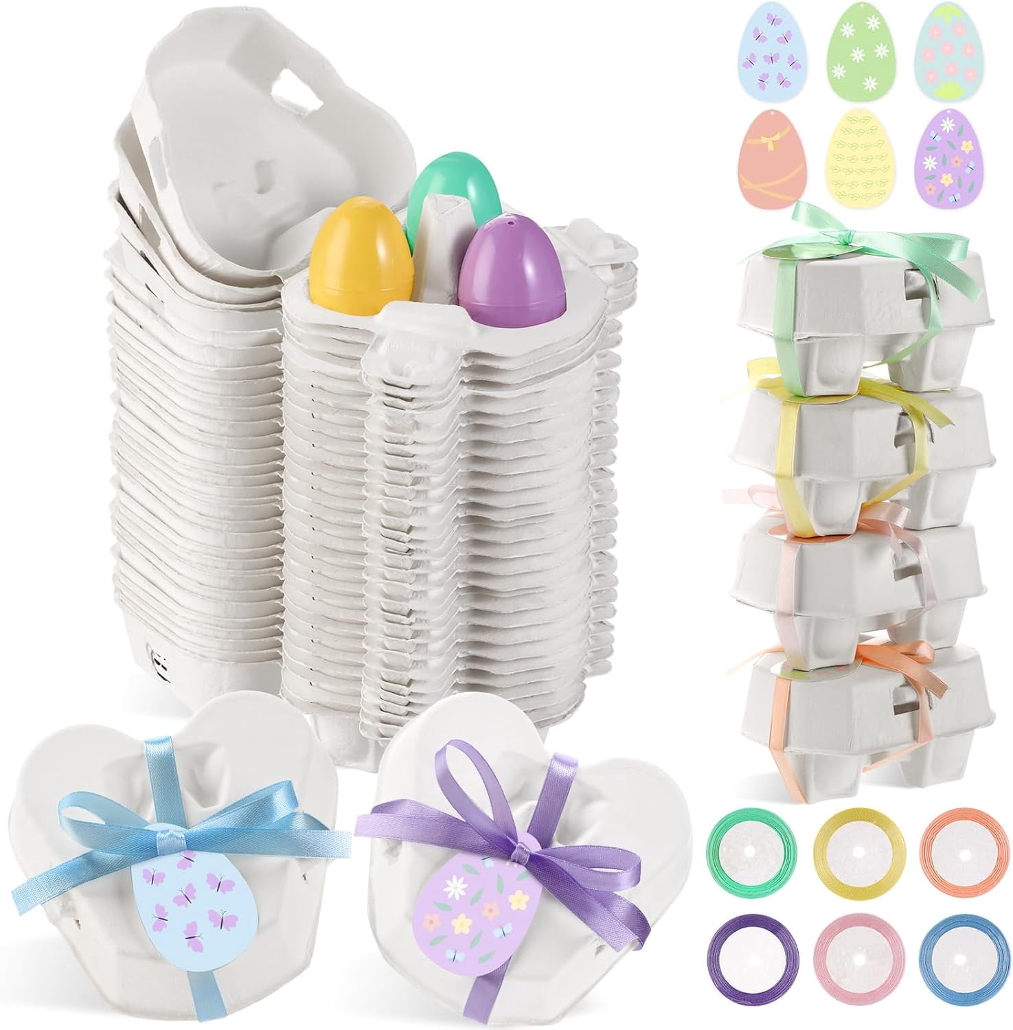 12 Pcs Easter Egg Cartons White Heart Shaped Egg Holder Natural Pulp Paper for Chicken Eggs with Macaron Color Label Ribbon for Easter Gift, Arts and Crafts Reusable (Cute)
