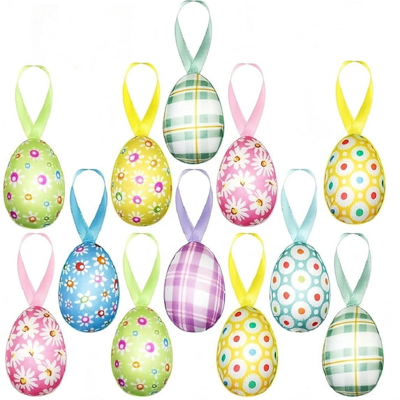 12 Pcs Easter Eggs Hanging Ornaments, Buffalo Plaid Daisy Hanging Decorations, Colorful Decorative Egg Baubles Ornaments, Spring Farmhouse Tree Ornaments Basket Filler (Pastel)