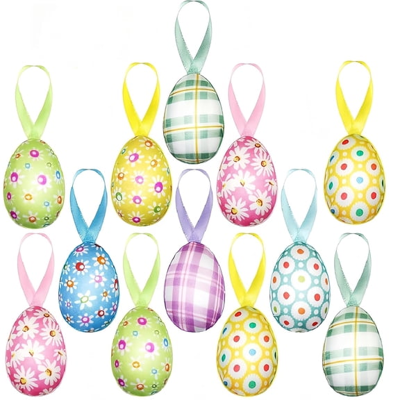 12 Pcs Easter Eggs Hanging Ornaments, Buffalo Plaid Daisy Hanging Decorations, Colorful Decorative Egg Baubles Ornaments, Spring Farmhouse Tree Ornaments Basket Filler (Pastel)