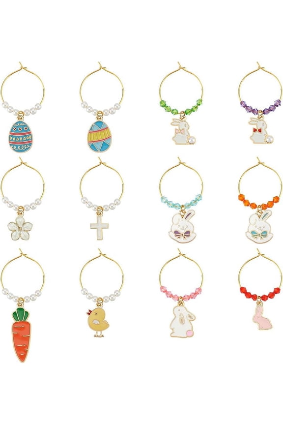 12 Pcs Easter Theme Wine Charms Easter Bunny Eggs Carrots Hens Lily Alloy Enamel Wine Glass Tags with Acrylic Beads and Brass Findings Easter Party Table Wine Glass Decorations