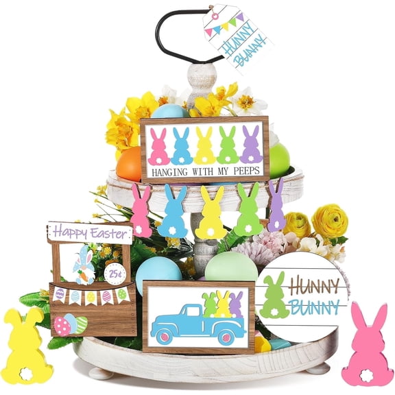 12 Pcs Easter Tiered Tray Decor Set Happy Easter Signs Bunny Wooden Sign Country Farmhouse Spring Tiered Tray Decorations Set for Home Table,Easter Home Decor