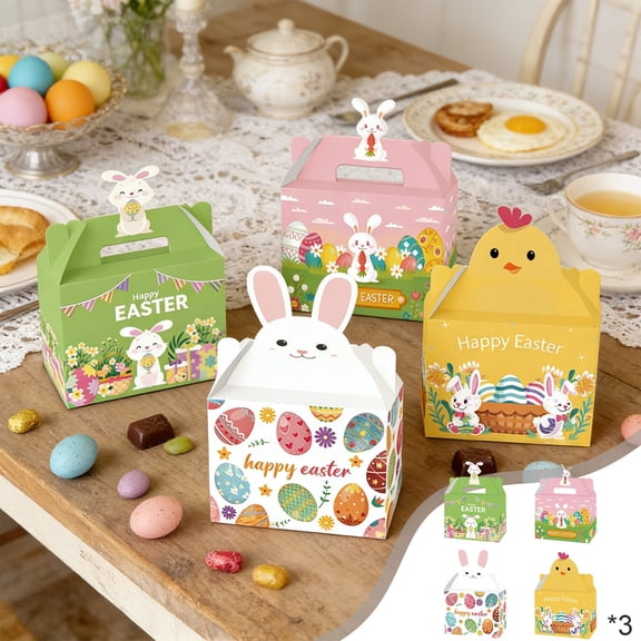 12 Pcs Easter Treat Boxes Paper Easter Gift Box Party Favor Small Treat Boxes Basket with Handle Bunny Eggs Containers for Kids, 6.3 x 3.5 x 4.7 Inch
