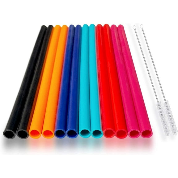 12 Pcs Eco Friendly Silicone Straws with 2 cleaning Brushes,Reusable Silicone Drinking Straws,for 30oz and 20oz Tumblers,Yeti, Ozark, (Pure Multicolor, 10 inches)